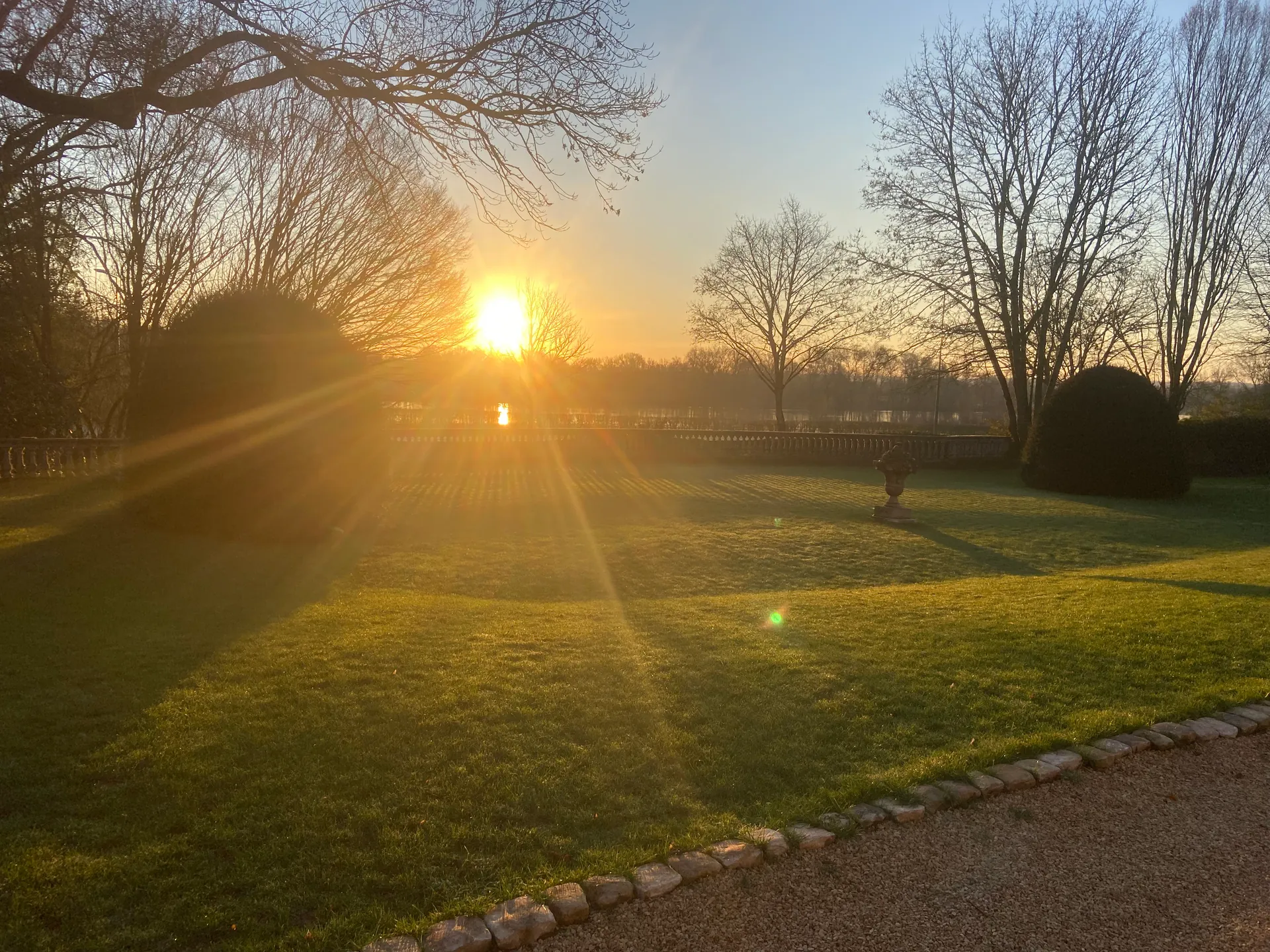 Pelouse parfaitement entretenue au coucher de soleil - entretien jardin Angers